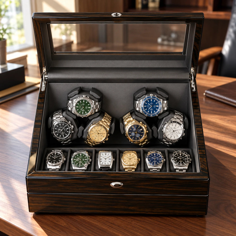 MAINIR — Remontoir Coffret Mabuchi — Ébène 6 montres + 6 rangements, couvercle ouvert — montres non incluses