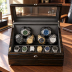 MAINIR — Remontoir Coffret Mabuchi — Ébène 6 montres + 6 rangements, couvercle ouvert — montres non incluses