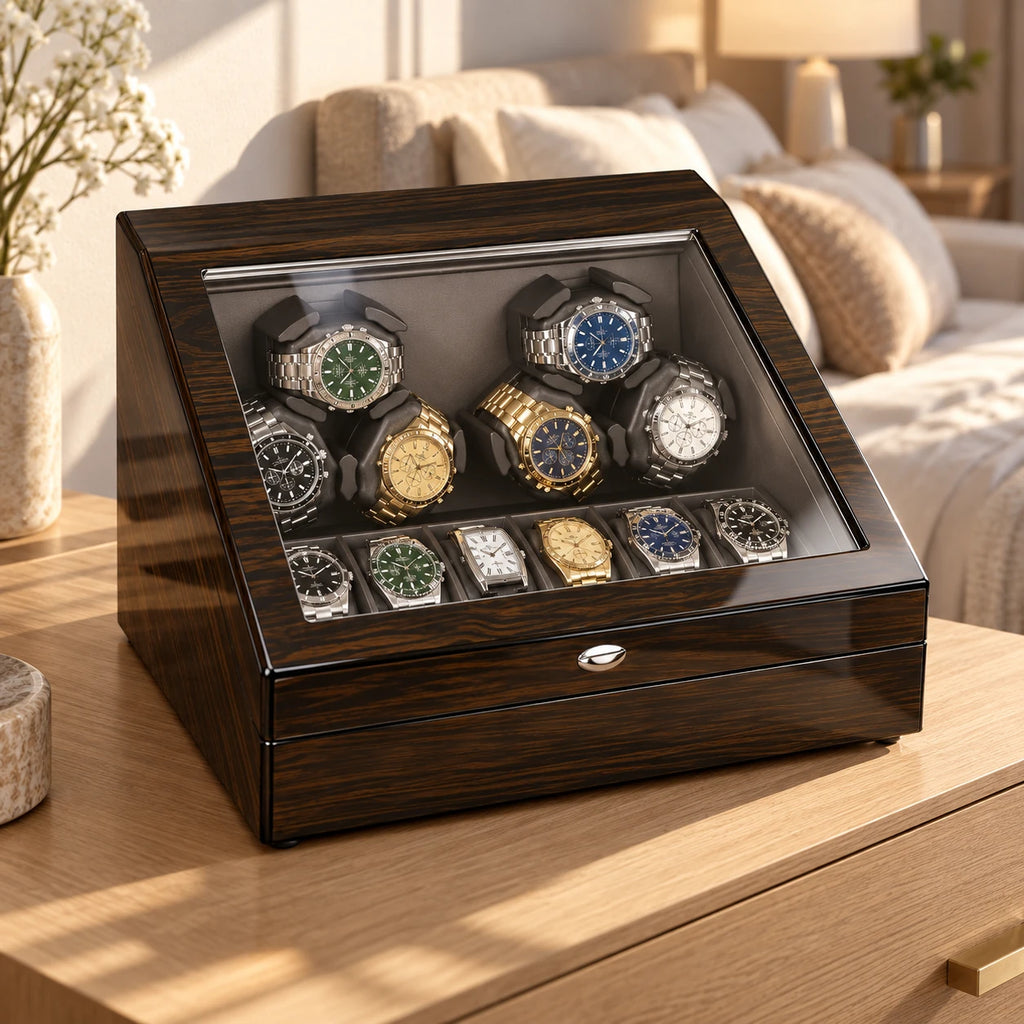 MAINIR — Remontoir Coffret Mabuchi — Ébène 6 montres + 6 rangements, mise en situation — montres non incluses