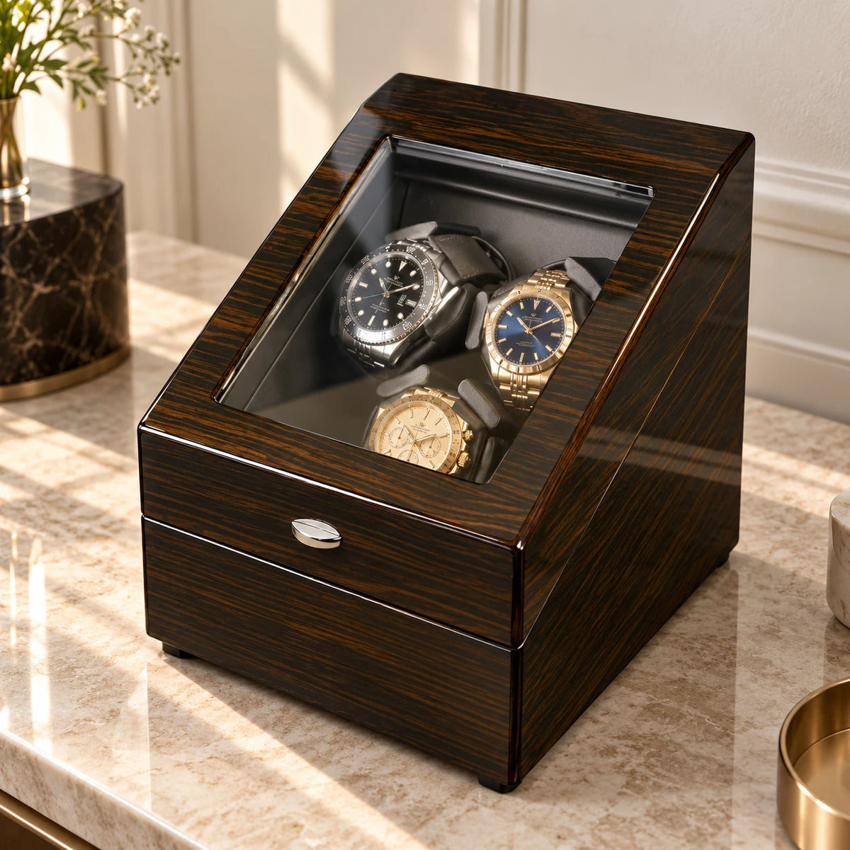 MAINIR — Remontoir Coffret Mabuchi — Ébène 3 montres + 3 rangements, vue trois-quarts — montres non incluses