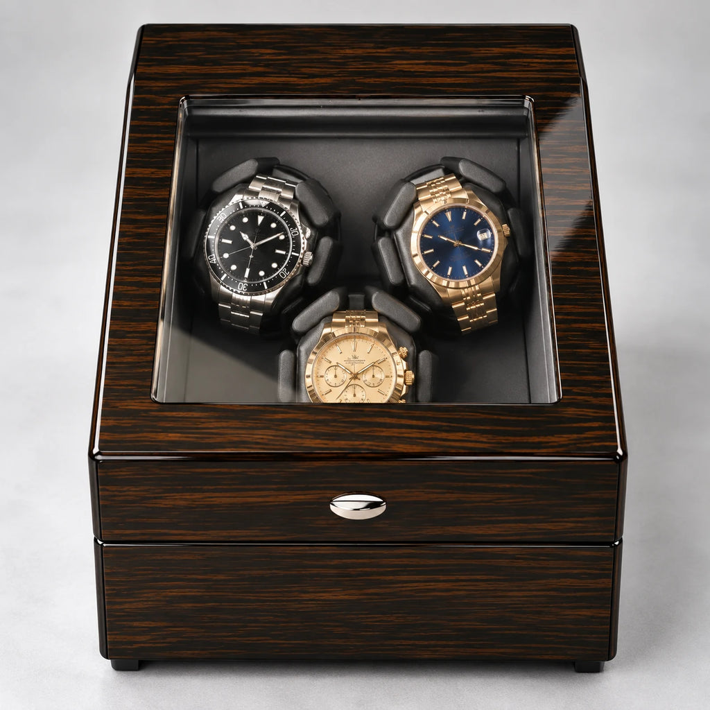 MAINIR — Remontoir Coffret Mabuchi — Ébène 3 montres + 3 rangements, vue de face — montres non incluses