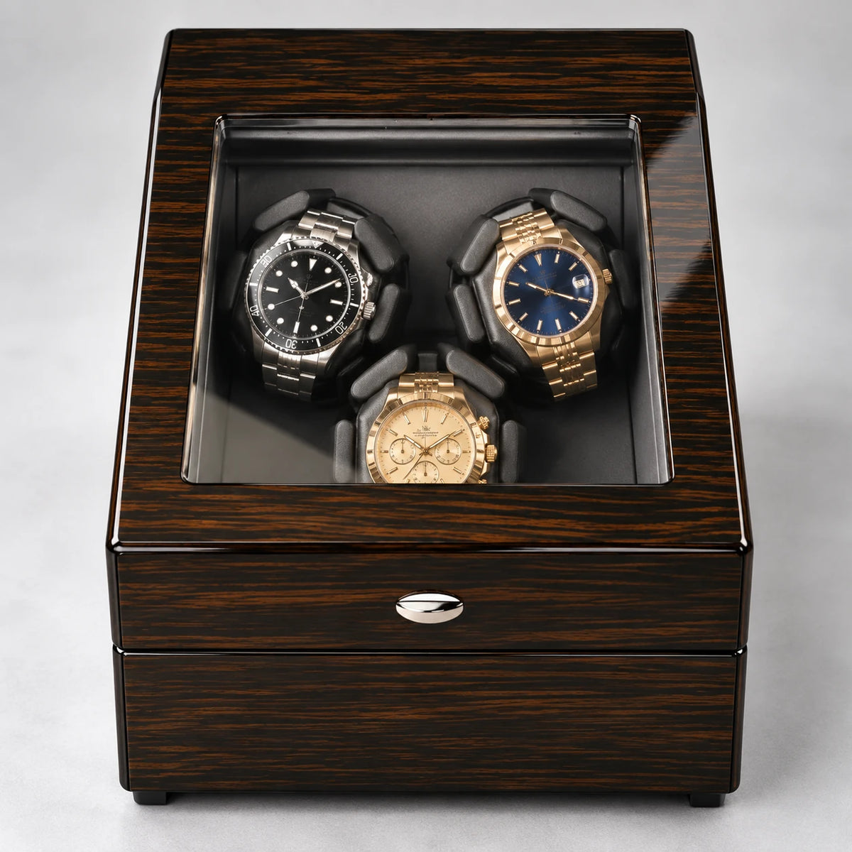 MAINIR — Remontoir Coffret Mabuchi — Ébène 3 montres + 3 rangements, vue de face — montres non incluses