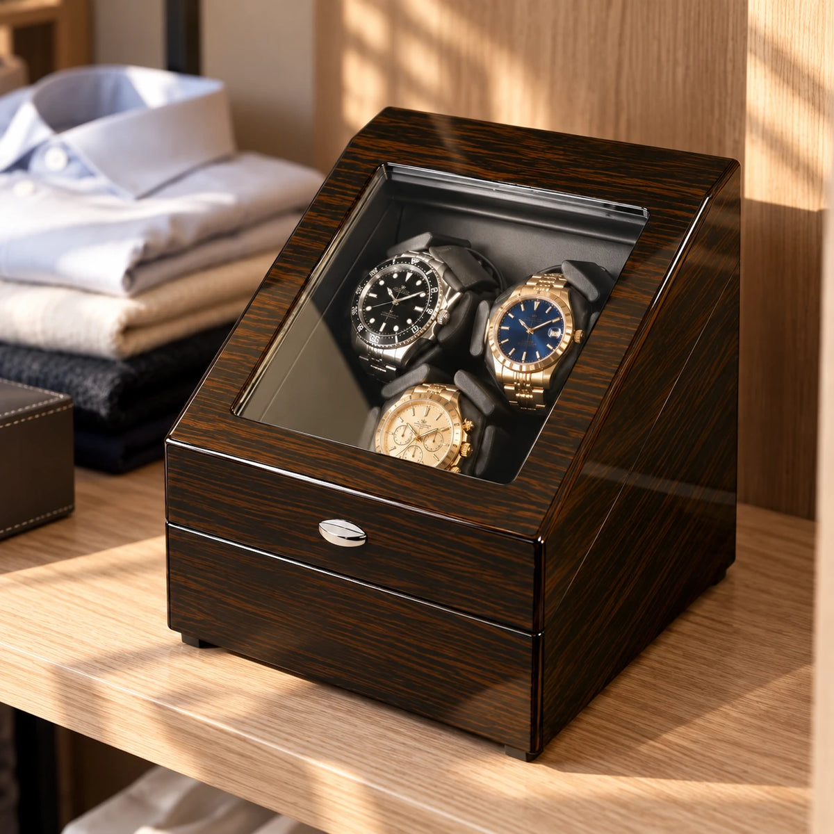 MAINIR — Remontoir Coffret Mabuchi — Ébène 3 montres + 3 rangements, mise en situation — montres non incluses