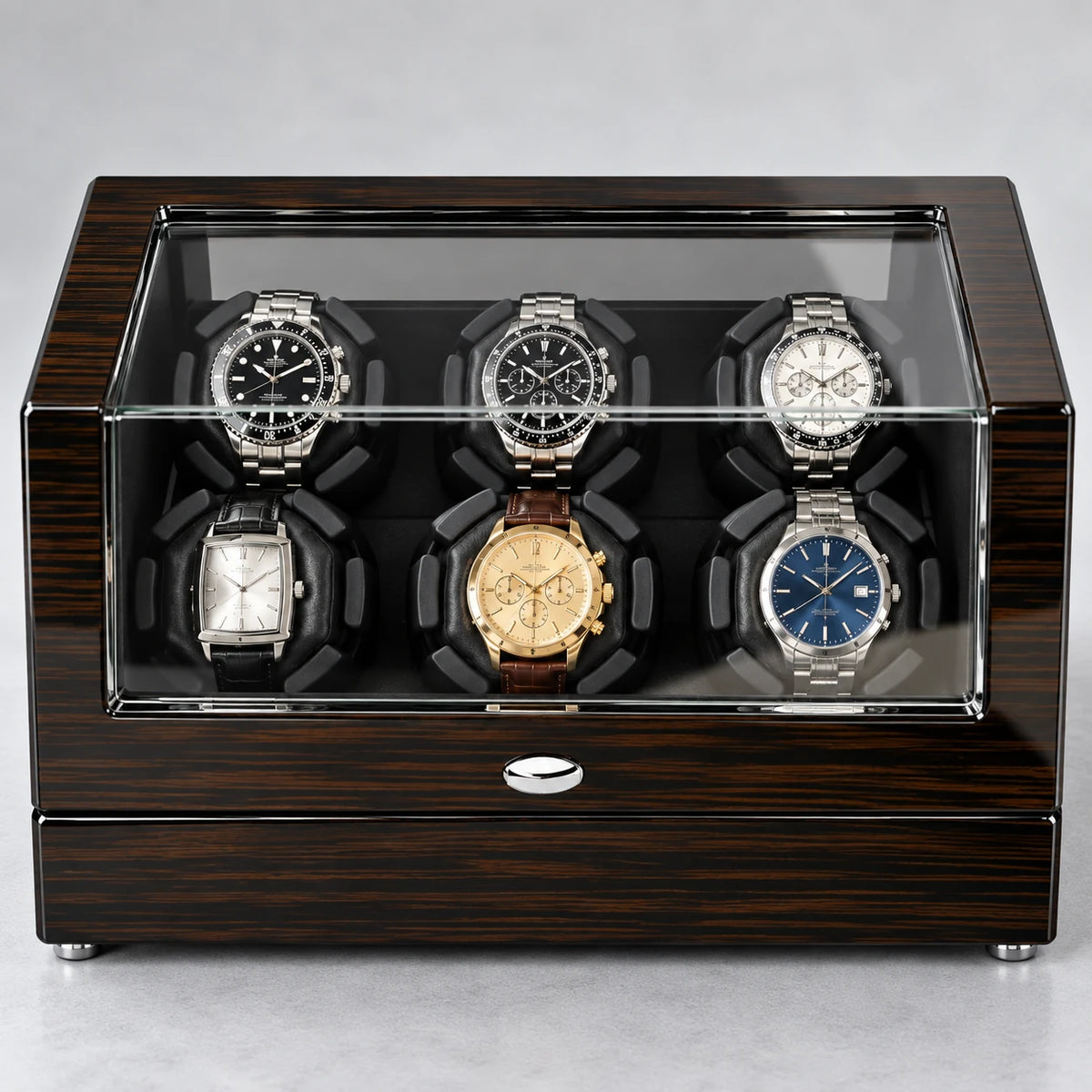 MAINIR — Remontoir Coffret Mabuchi — Ébène 6 montres, vue de face — montres non incluses