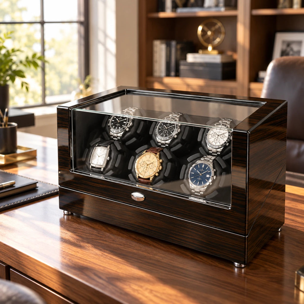 MAINIR — Remontoir Coffret Mabuchi — Ébène 6 montres, mise en situation — montres non incluses