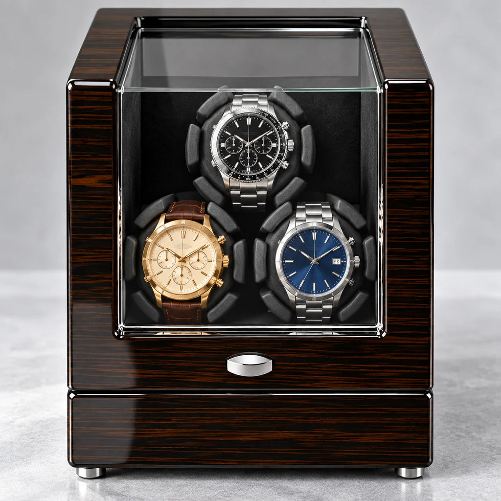 MAINIR — Remontoir Coffret Mabuchi — Ébène 3 montres, vue de face — montres non incluses