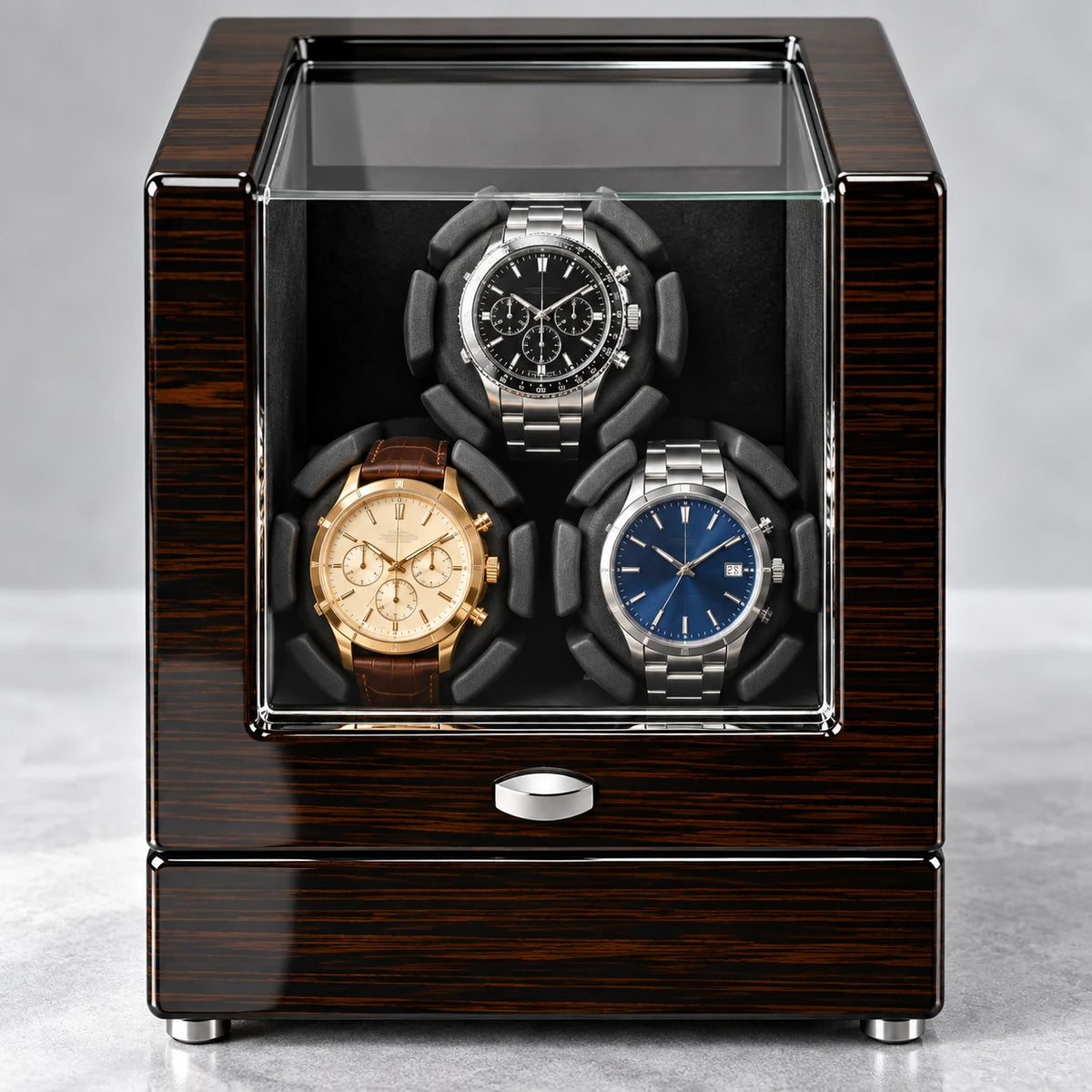 MAINIR — Remontoir Coffret Mabuchi — Ébène 3 montres, vue de face — montres non incluses