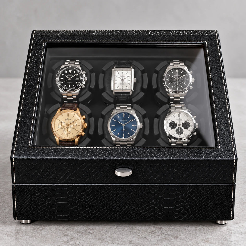 MAINIR — Remontoir Coffret Mabuchi — Noir grainé 6 montres + 6 rangements, détail du revêtement — montres non incluses