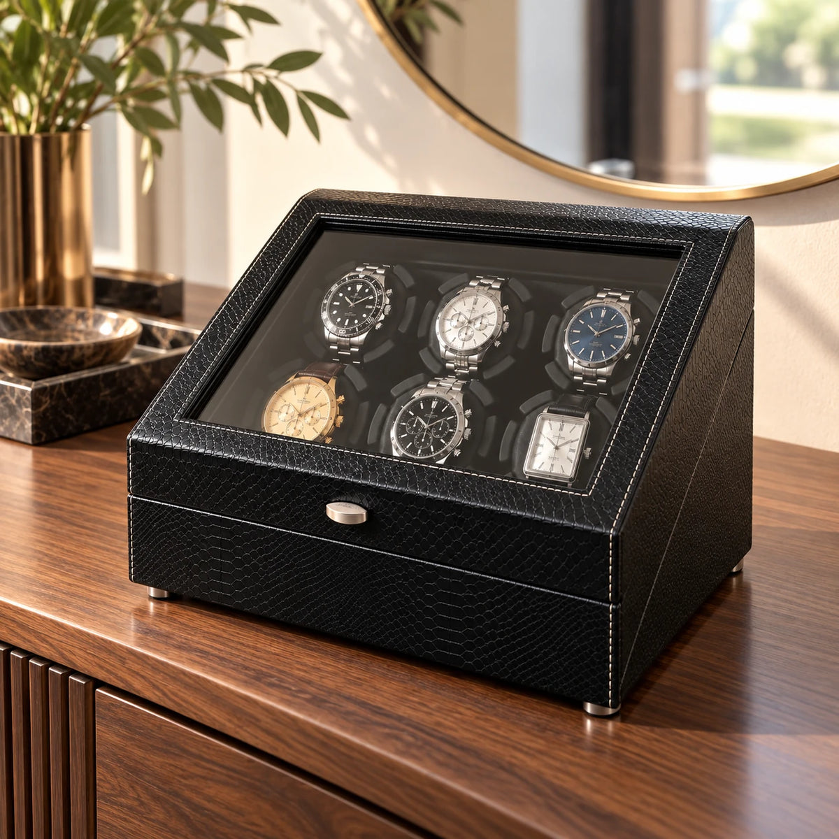 MAINIR — Remontoir Coffret Mabuchi — Noir grainé 6 montres + 6 rangements, mise en situation — montres non incluses