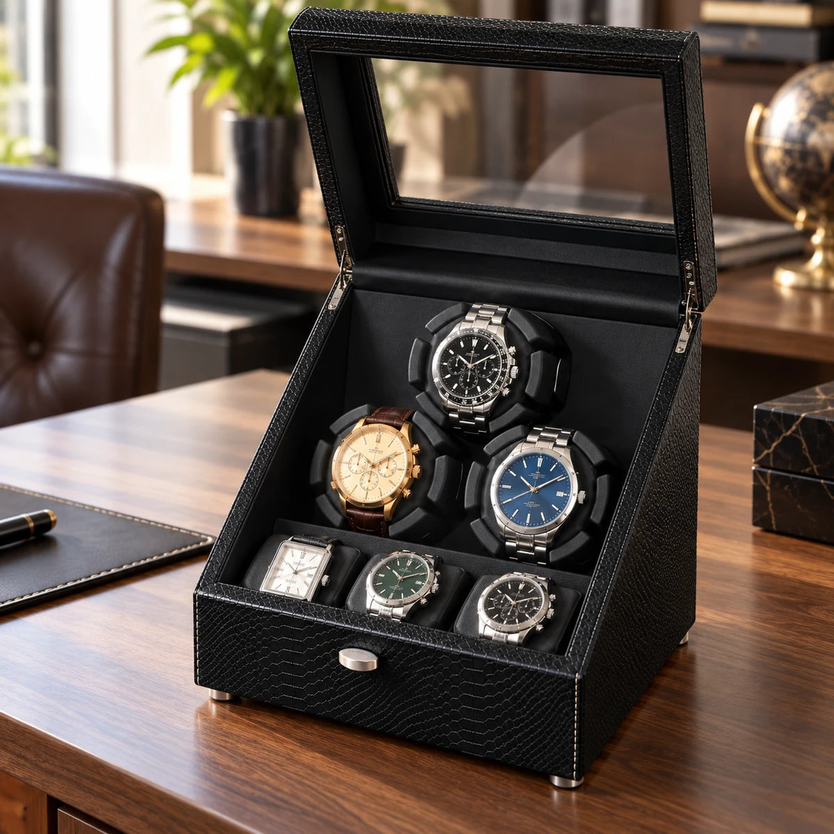 MAINIR — Remontoir Coffret Mabuchi — Noir grainé 3 montres + 3 rangements, couvercle ouvert — montres non incluses