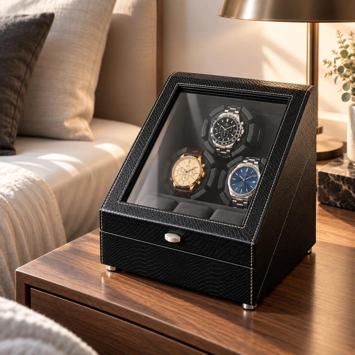 MAINIR — Remontoir Coffret Mabuchi — Noir grainé 3 montres + 3 rangements, mise en situation — montres non incluses
