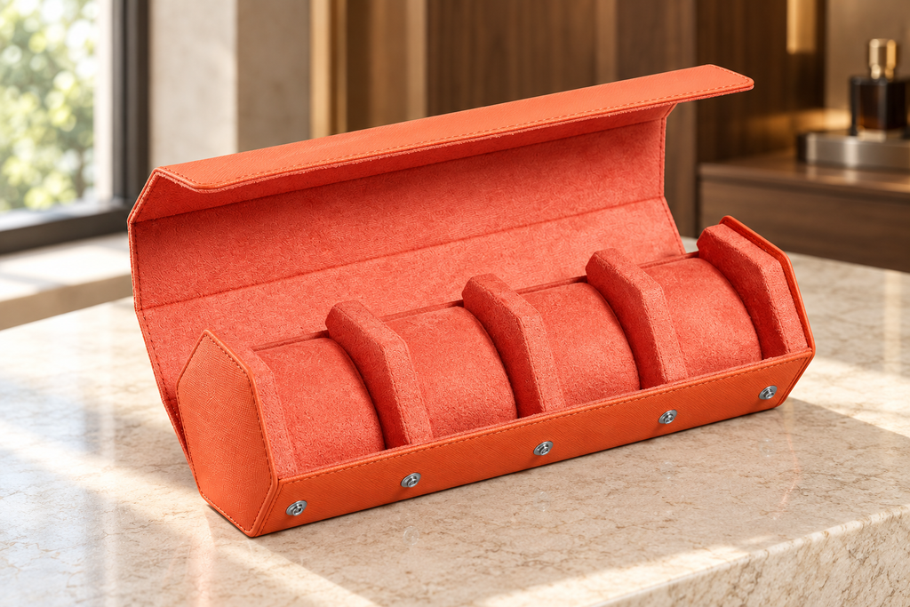 Étui orange pour quatre montres — photographie d’ambiance
