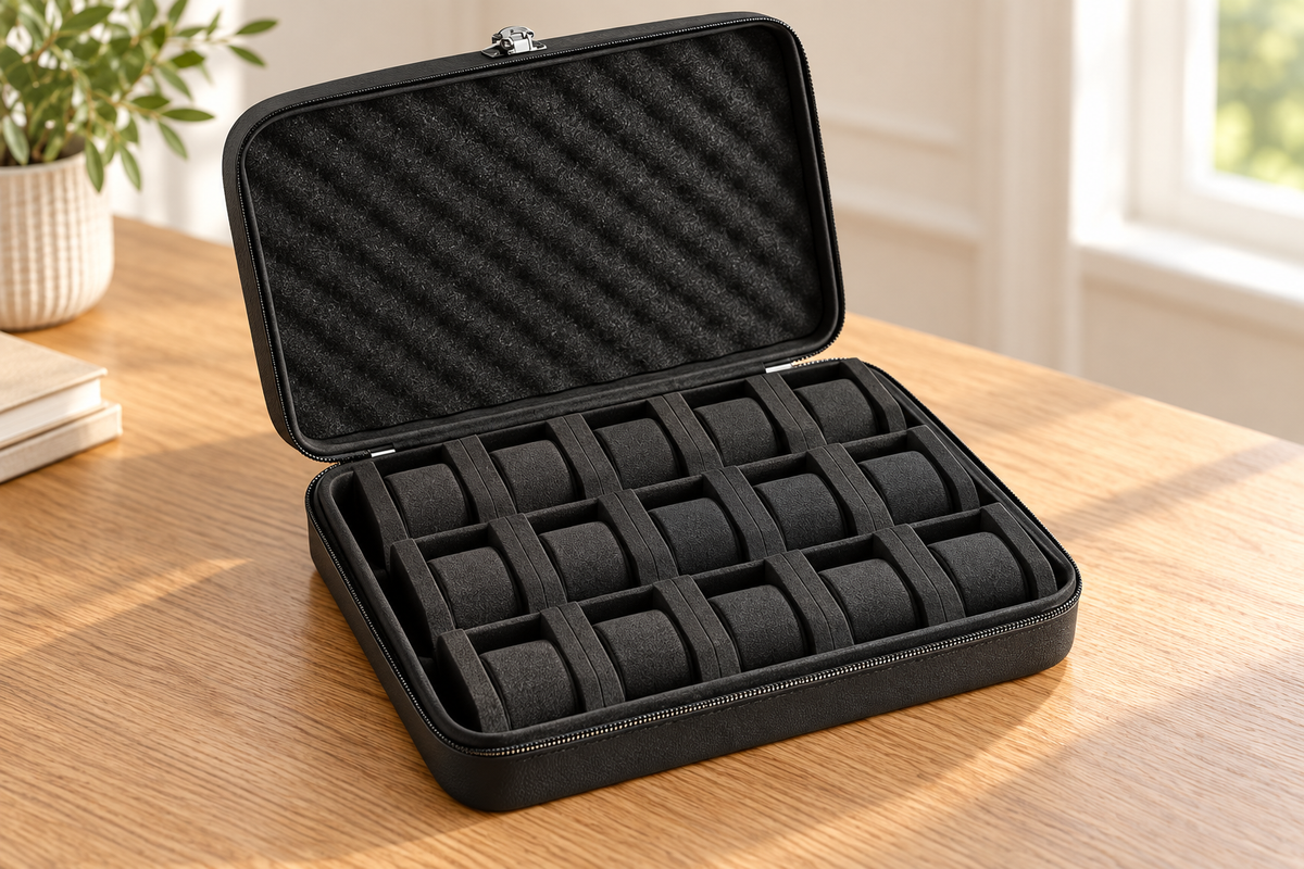 Coffret ouvert, coussins sans montres — mise en scène