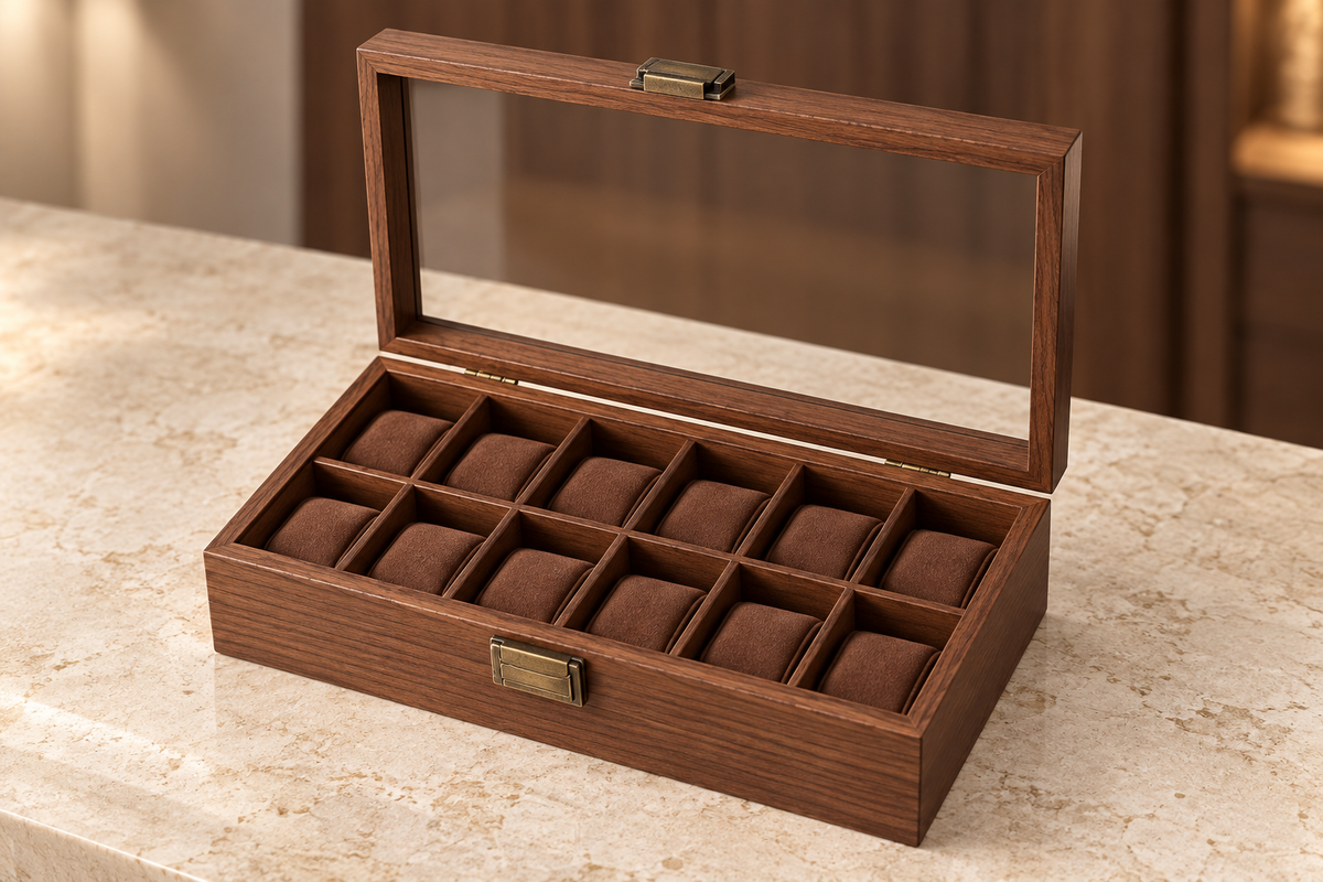 Coffret à montres — Décor bois brun — photographie produit